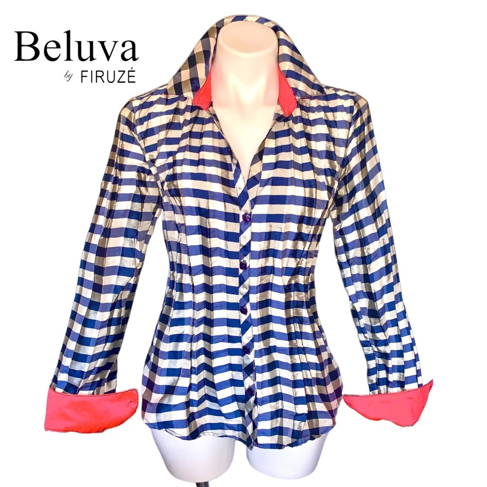 Beluva Firuze Filmore Check Crinkle Plaid Pleated Button Up Shirt